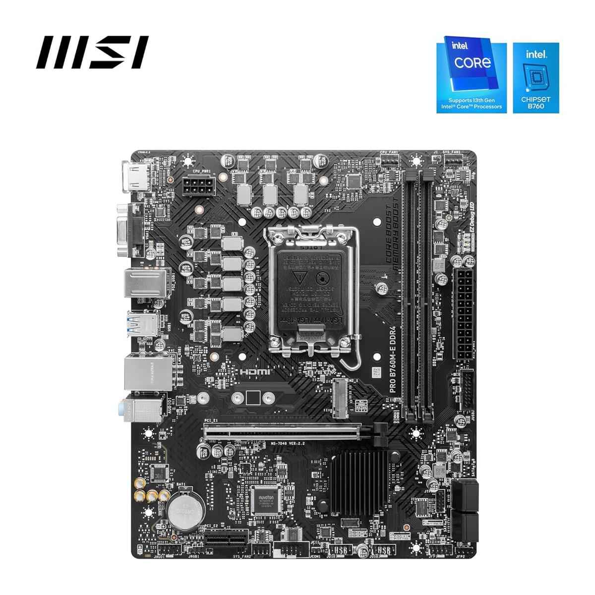 MSI PRO B760M-E DDR4 Micro-ATX Motherboard – LGA1700, Intel B760, DDR4 64GB, PCIe 4.0 & M.2 Gen4