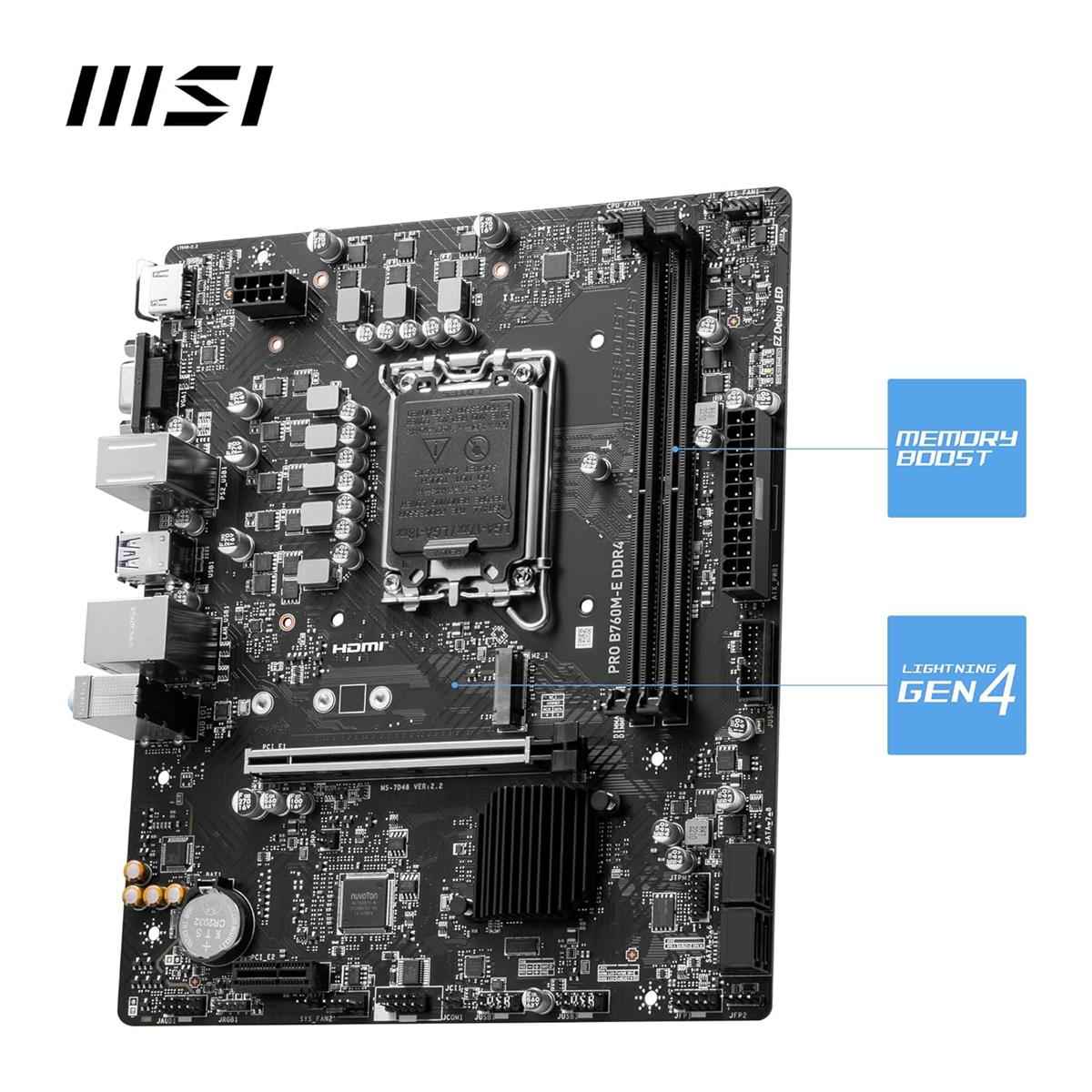MSI PRO B760M-E DDR4 Micro-ATX Motherboard – LGA1700, Intel B760, DDR4 64GB, PCIe 4.0 & M.2 Gen4