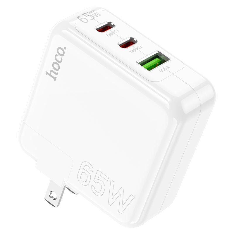 hoco-c115-header-pd65w-3-port-2c1a-wall-charger-us.jpg C115 Header PD 65W Three-Port Charger (2C1A) – US Plug - Image 1